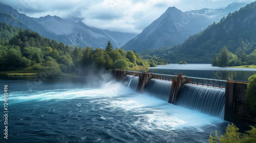 Hydroelectric dam spillway amidst mountains and forests  showcasing nature s power and serene beauty in the misty morning light. Majestic Mountain Dam Spillway in Lush Landscape 