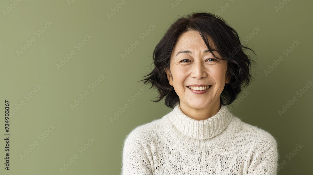  Happy Asian Woman. Portrait of Beautiful Older Mid Aged Mature Smiling Woman Isolated on Olive Green Background. Anti-aging Skin Care Face Beauty Product. Banner with Copy Space. - obrazy, fototapety, plakaty 