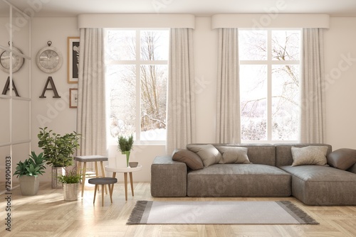 White living room with sofa and winter landscape in window. Scandinavian interior design. 3D illustration