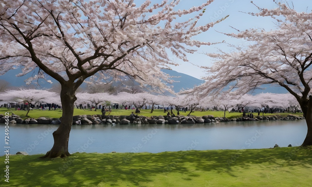 Spring tranquility in a traditional Japanese garden with cherry blossoms. National Japanese holiday - Hanami. Extra wide banner.AI illustration. Spring tranquility in a traditional Japanese garden with cherry blossoms. National Japanese holiday - Hanami. Extra wide banner.AI illustration.