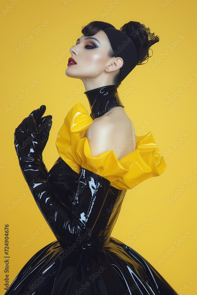 Woman dressed in a black and yellow vinyl dress with black vinyl gloves in sissi style against a