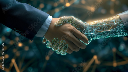 AI / Digital hand shaking human hand - Generative AI photo