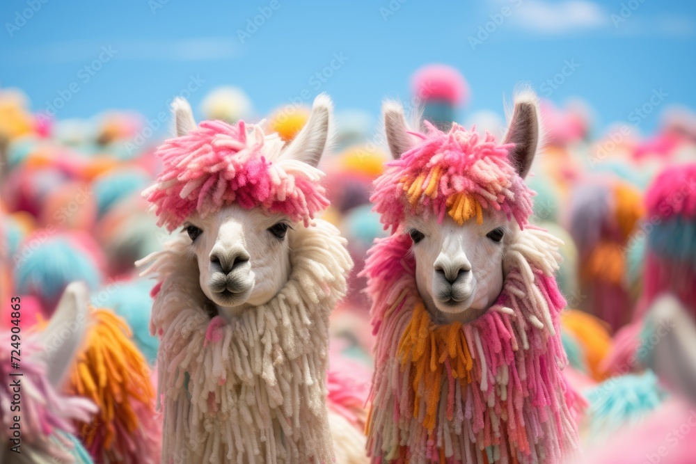 Two llamas standing side by side, showcasing their unique features and bond.