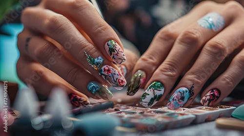 Manicurist Creating Colorful Nail Art with Precision photo