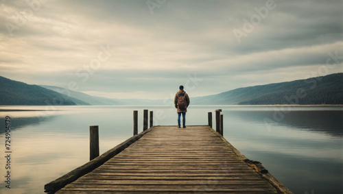 Fotografia person standing alone on a dock looking out over the vast ocean landscape