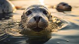 Closeup of seals in the water under the sunlight