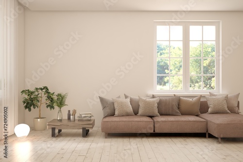 Contemporary classic white interior with furniture and decor and summer landscape in window. Scandinavian interior design. 3D illustration photo