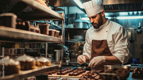 Crafting Excellence: A Male Master Chef Chocolatier Working in an Artisanal Professional Chocolate Laboratory
