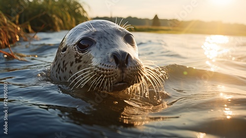 Closeup of seals in the water under the sunlight photo