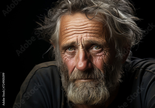 Portrait of elderly farmer man isolated on dark background, thinking and looking.