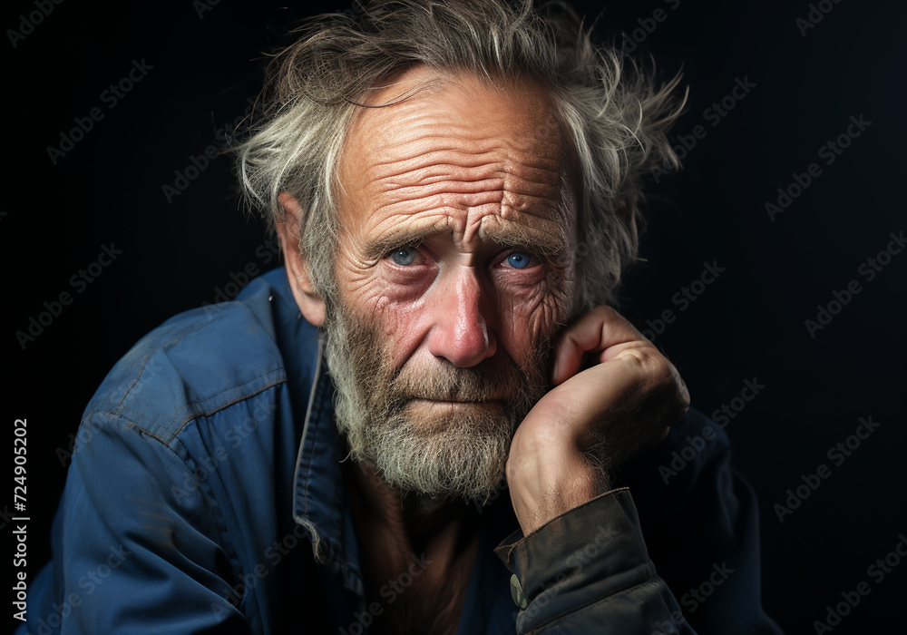 Portrait of elderly farmer man isolated on dark background, thinking and looking. Portrait of elderly farmer man isolated on dark background, thinking and looking.