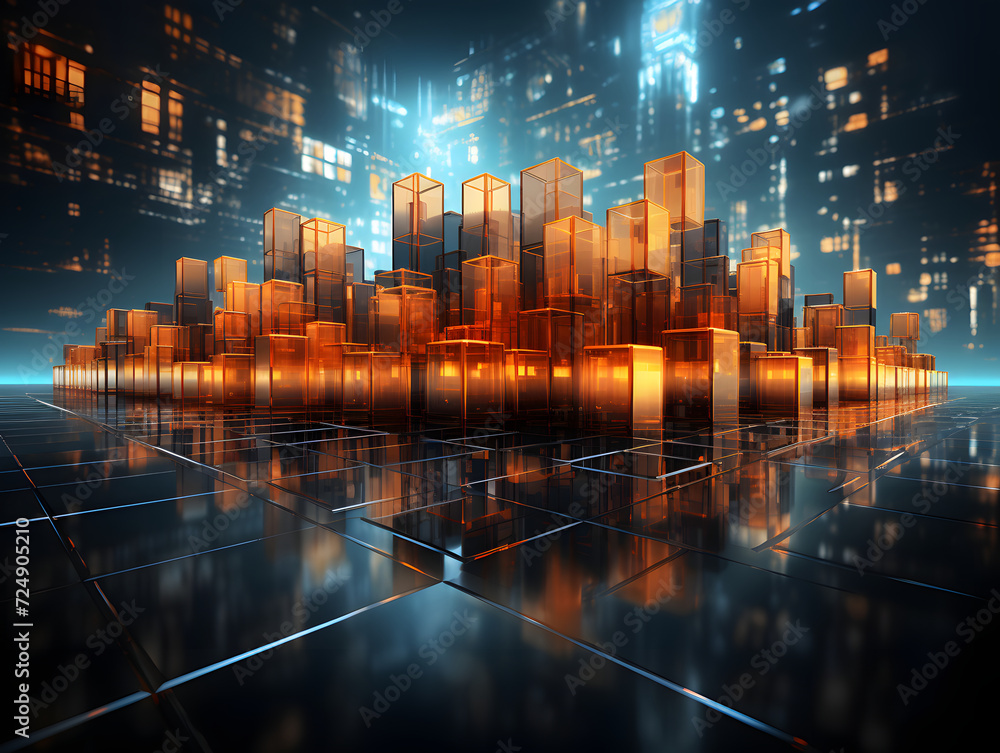 An image of a city made of cubes and neon lights