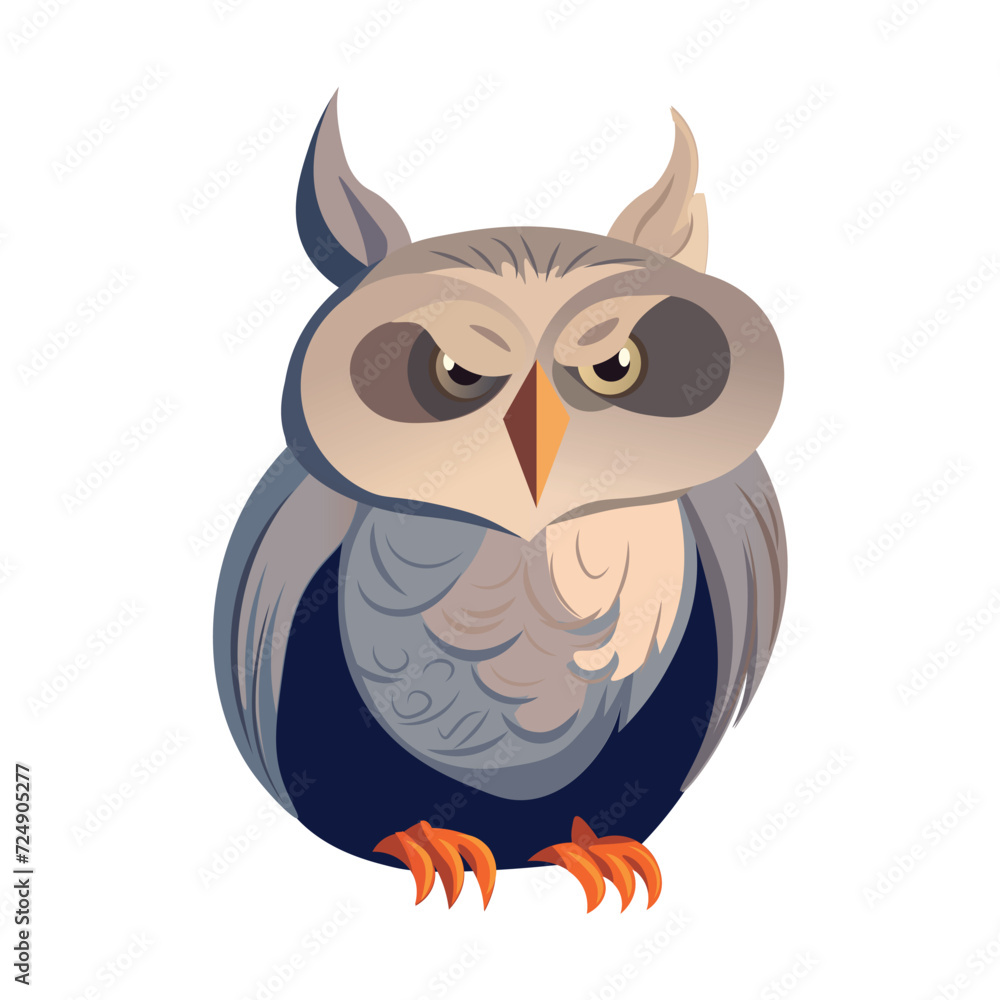 Owl of colorful set. This illustration is a delightful portrayal of a cute owl in a whimsical cartoon design, adding a touch of enchantment to the serene white backdrop. Vector illustration.