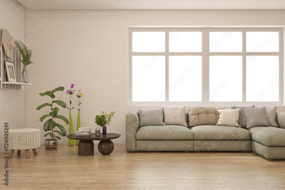 Fototapeta premium White scandinavian interior design with sofa. 3D illustration