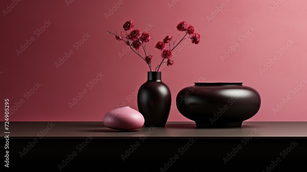 Des pots avec des fleurs posés sur une étagère noire devant un mur rose, image avec espace pour texte. Des pots avec des fleurs posés sur une étagère noire devant un mur rose, image avec espace pour texte.