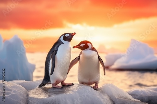 A pair of penguins standing confidently on the surface of an icy white iceberg.