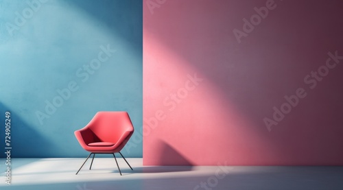 Pi  ce avec mur   clair   peint en rose et bleu avec un fauteuil  image avec espace pour texte.