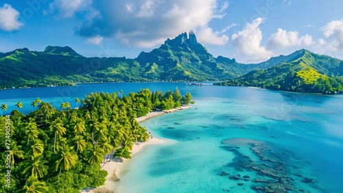 Aerial View of Bora Bora. Tahiti, French Polynesia. White Sand Beaches and Mountains. Palm Trees and Blue Lagoon photo