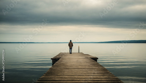 person standing alone on a dock looking out over the vast ocean landscape