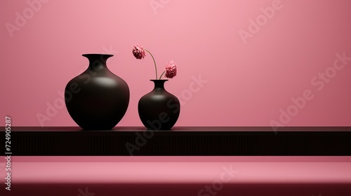 Des pots avec des fleurs posés sur une étagère noire devant un mur rose, image avec espace pour texte.