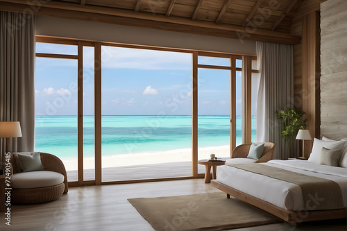 Luxury hotel bedroom with a large window that shows stunning view of the turquoise sea and clear sky