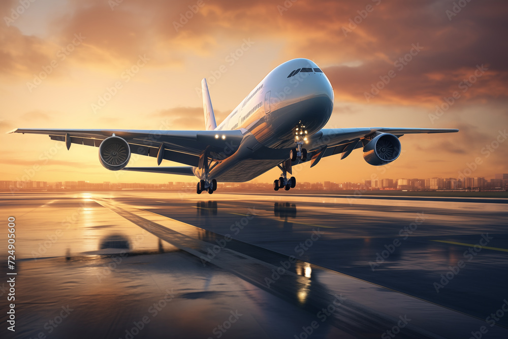 Airplane in the airport at sunset. Travel concept. Hyper realistic illustration Airplane in the airport at sunset. Travel concept. Hyper realistic illustration
