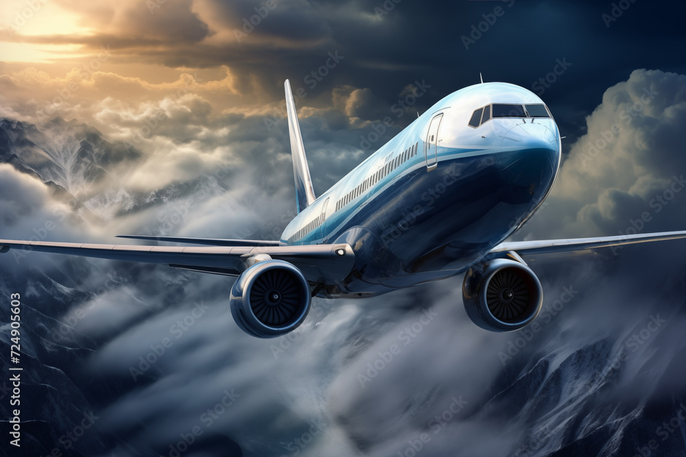 Airplane flying in the clouds. Travel concept. Hyper realistic illustration