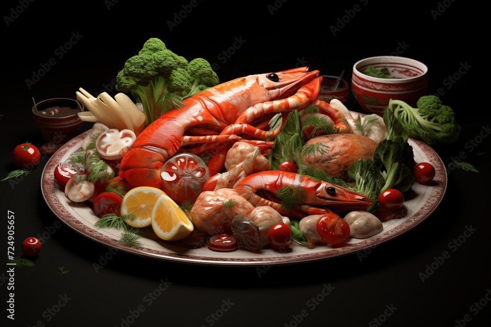 Seafood platter with lobster, shrimps, mussels and shrimps on black background Seafood platter with lobster, shrimps, mussels and shrimps on black background