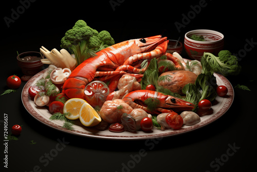 Seafood platter with lobster, shrimps, mussels and shrimps on black background