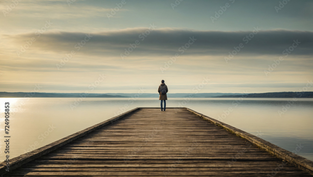 person standing alone on a dock looking out over the vast ocean landscape - obrazy, fototapety, plakaty 
