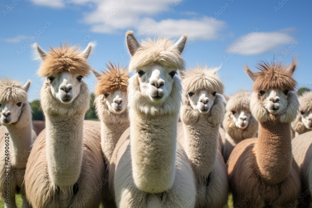 A group of llamas, with their long necks and soft fur, standing together in a lush green field.
