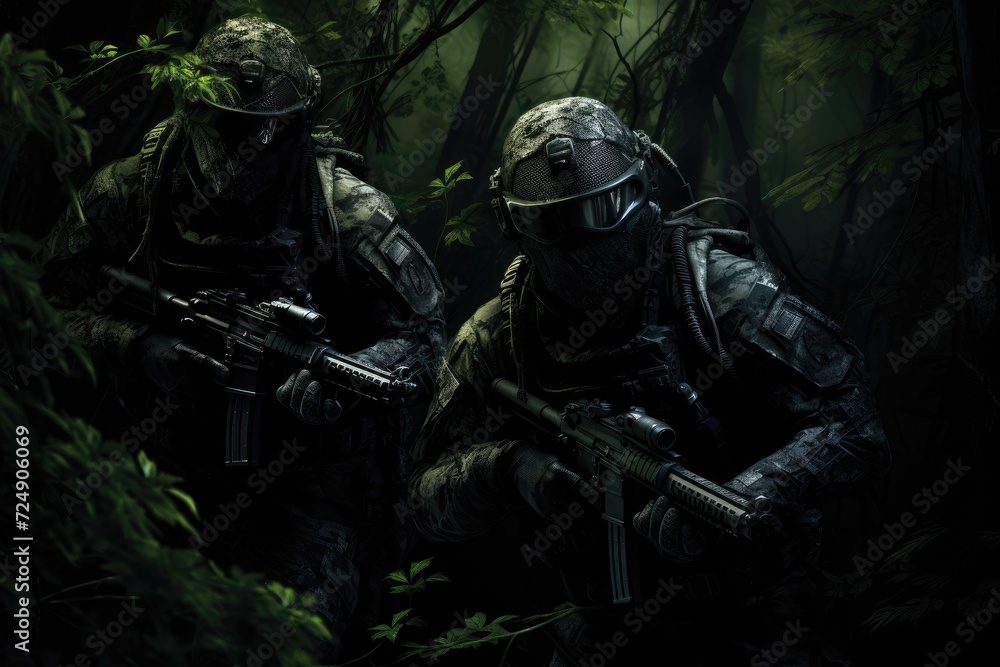 Soldiers Walking Through Forest, Brave Warriors, Stealthy Shadows, Elite soldiers in camouflage uniforms and face masks, seamlessly blending into their surroundings for covert operations, AI Generated