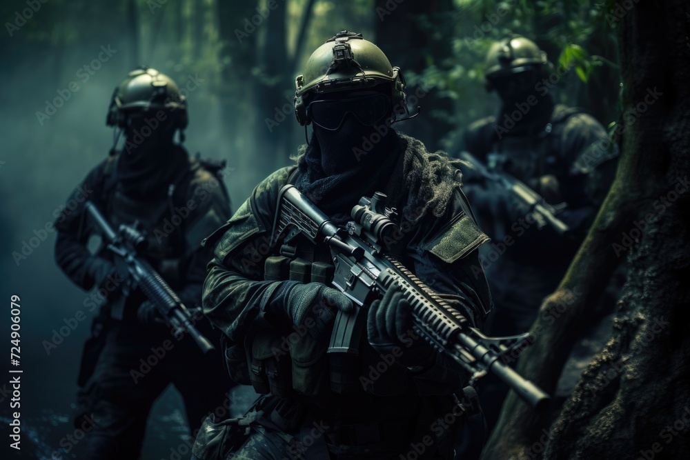 Soldiers Marching Through Forest, Stealthy Shadows, Elite soldiers in camouflage uniforms and face masks, seamlessly blending into their surroundings for covert operations, AI Generated