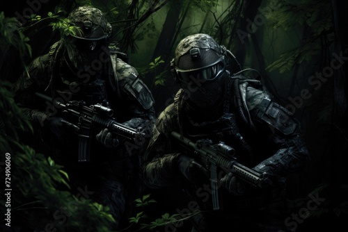 Soldiers Walking Through Forest, Brave Warriors, Stealthy Shadows, Elite soldiers in camouflage uniforms and face masks, seamlessly blending into their surroundings for covert operations, AI Generated