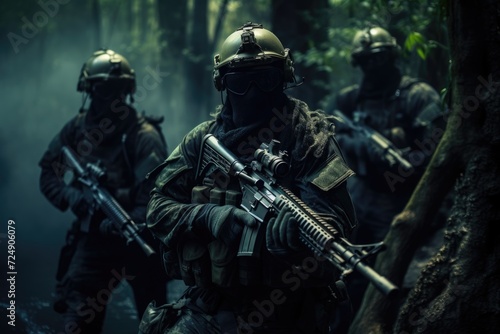 Soldiers Marching Through Forest, Stealthy Shadows, Elite soldiers in camouflage uniforms and face masks, seamlessly blending into their surroundings for covert operations, AI Generated