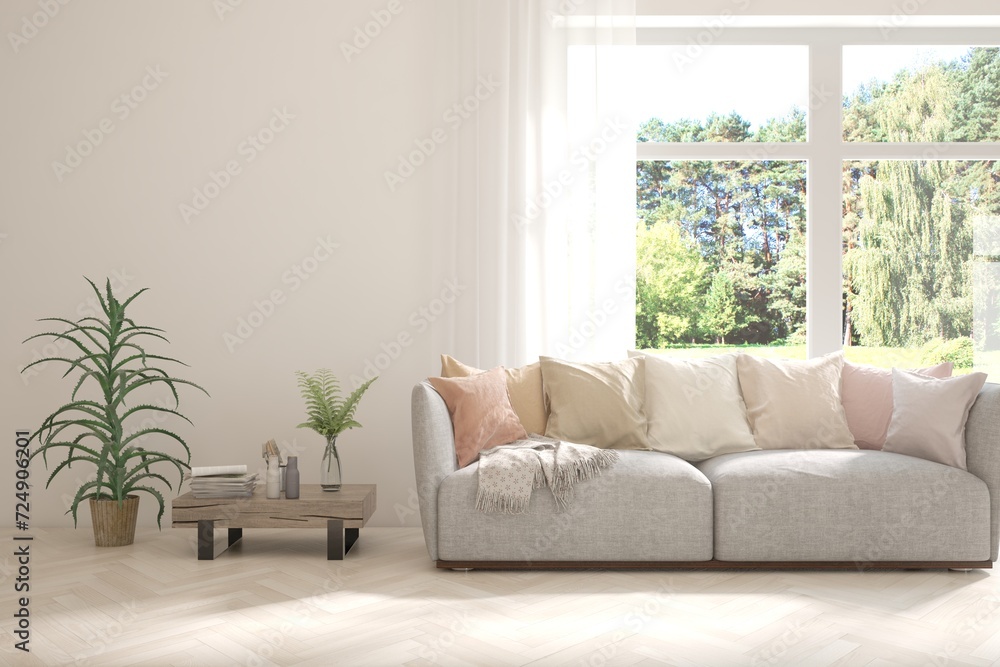 Fototapeta premium Modern interior concept with sofa and summer landscape in window. 3D illustration