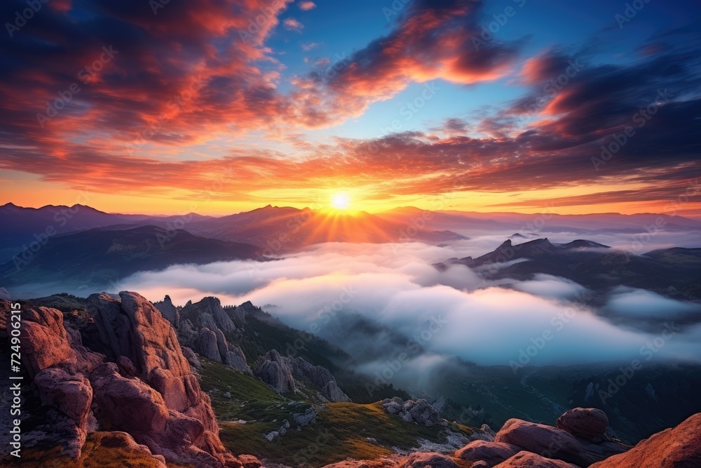 Naklejka premium The Sun Sets Over a Majestic Mountain Range in a Breathtaking Scene of Natural Beauty, Sunrise on a mountain landscape view with clouds, AI Generated