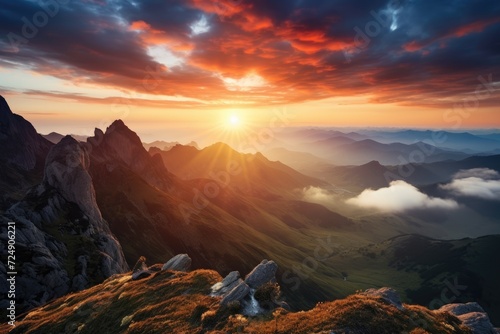 A stunning photo capturing the beauty of the sun as it sets over a breathtaking mountain range, Sunrise on a mountain landscape view with clouds, AI Generated