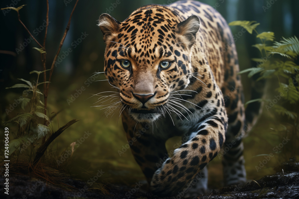 Obraz premium Amur leopard in the forest. Wildlife scene. Hyper realistic illustration