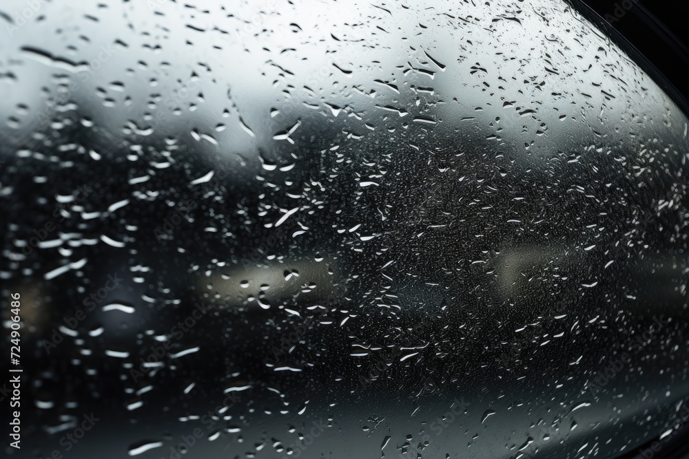 Rain drops cover the window of a car, creating a blurry view of the surroundings.