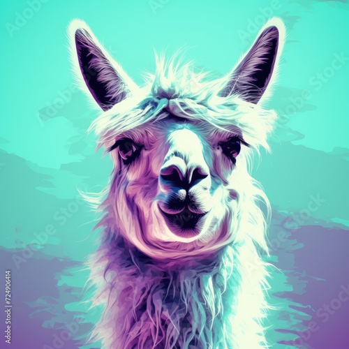 A llama stands against a clear blue sky backdrop.