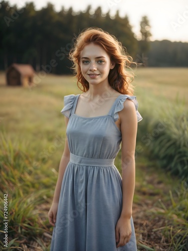 portrait of a redhead woman in a field