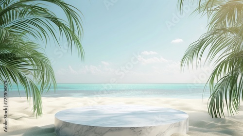 white marble podium for product display, beautiful beach background