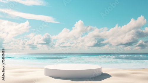 white podium for product display, beautiful beach and blue sky background