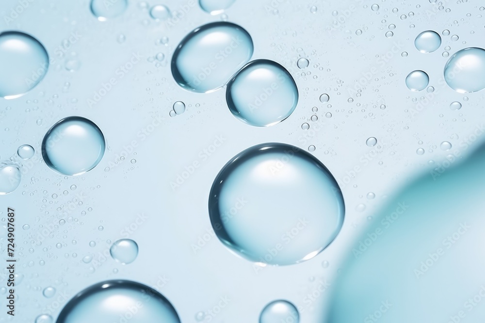 This close-up photo captures the mesmerizing water bubbles forming and floating on a serene blue surface.
