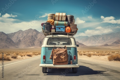 An antique Volkswagen bus parked on the roadside, displaying luggage secured on its roof rack.