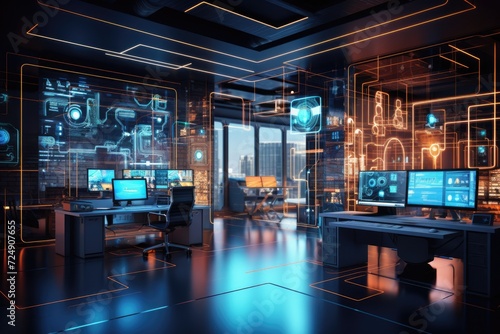 A high-tech office space filled with a multitude of computers and advanced technology, The interior of a modern computer room is depicted in a 3D rendering with a toned image, AI Generated