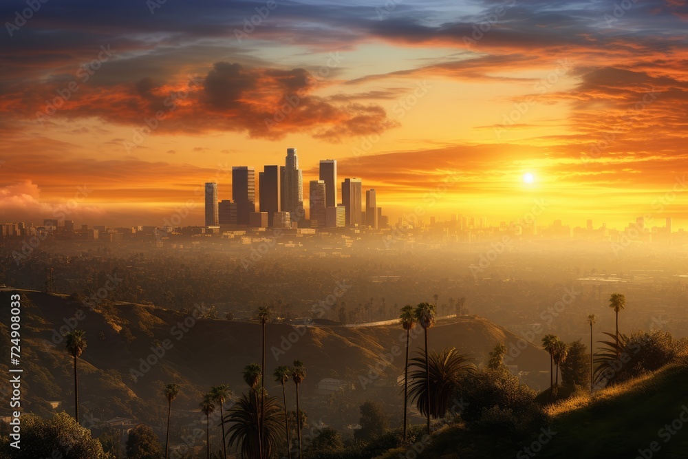 Breathtaking Sunset Cityscape, Captivating View of a City From a Hill, The skyline of Los Angeles at sunrise in California, USA, is presented as a 3D rendering, AI Generated