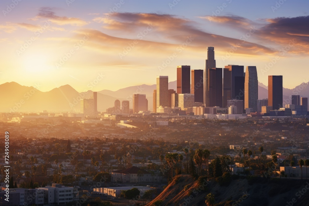 A breathtaking urban landscape showcasing a city nestled amidst towering mountains, The skyline of Los Angeles at sunrise in California, USA, is presented as a 3D rendering, AI Generated