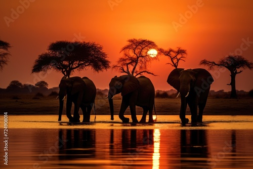 A group of elephants making their way across a water body, The silhouette of elephants at sunset in Chobe National Park, Botswana, Africa, creates a stunning scene, AI Generated